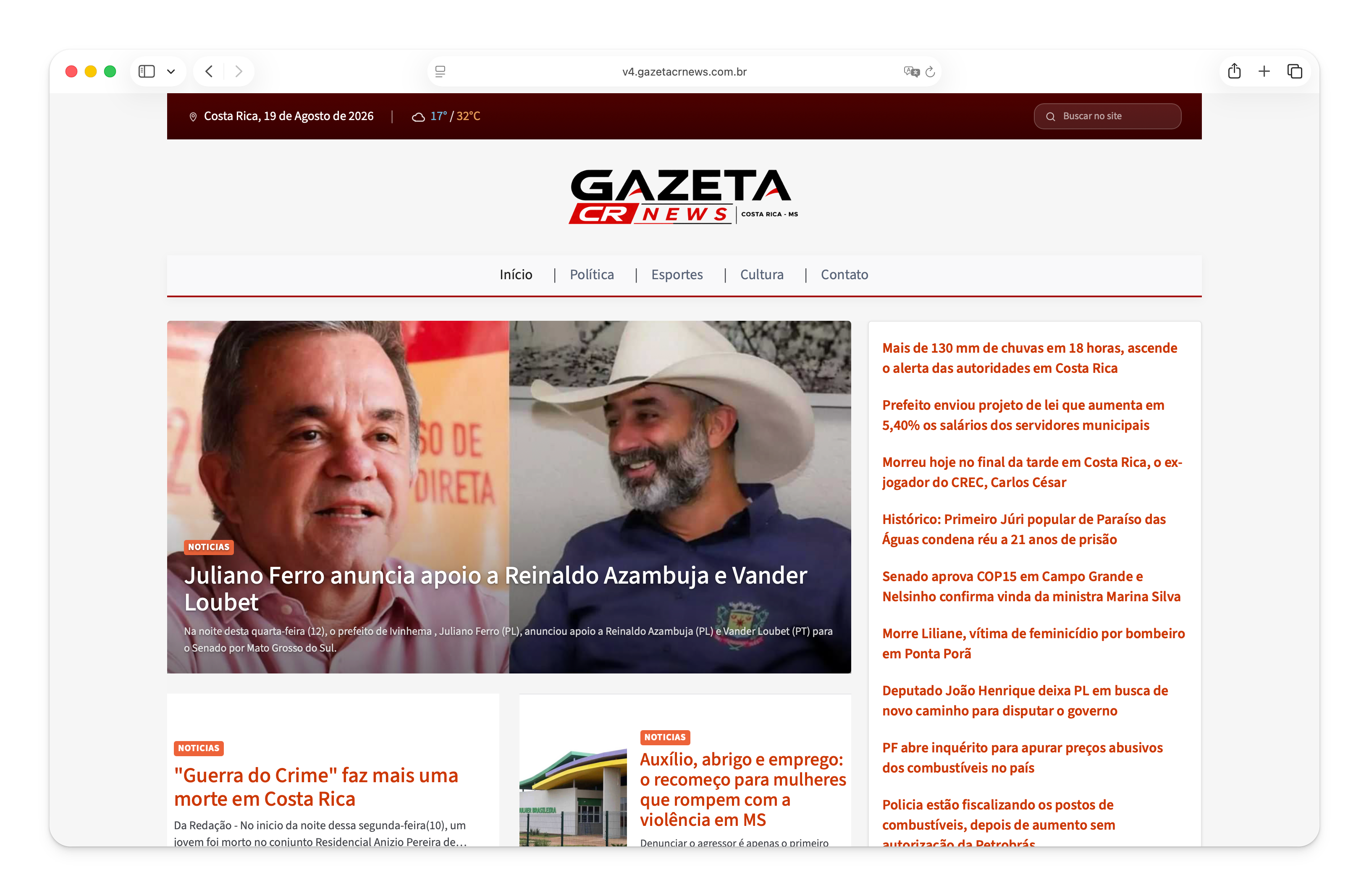 Homepage do site Gazeta CR News criada com o Newzzer
