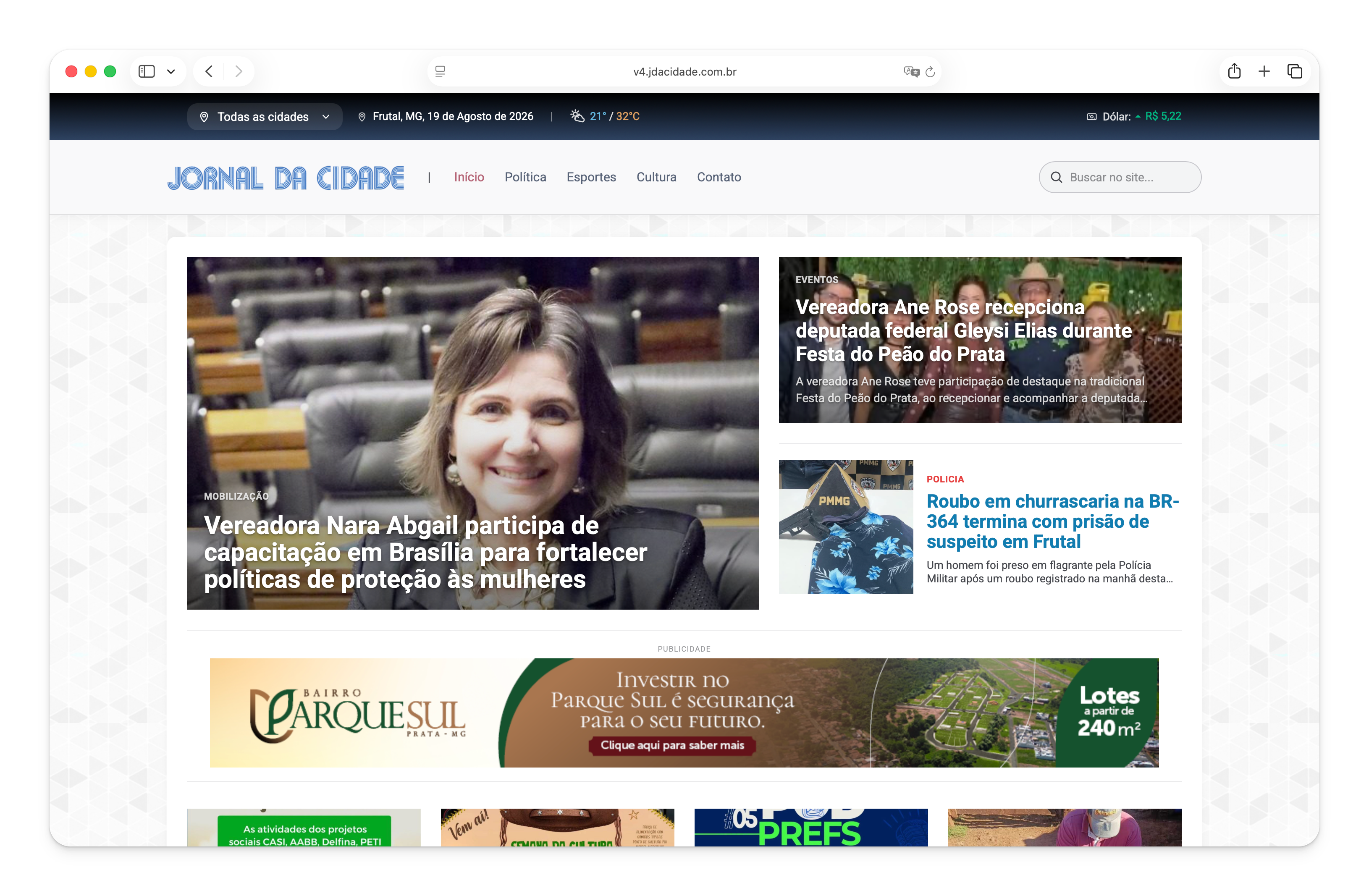 Homepage do site Jornal da Cidade criada com o Newzzer