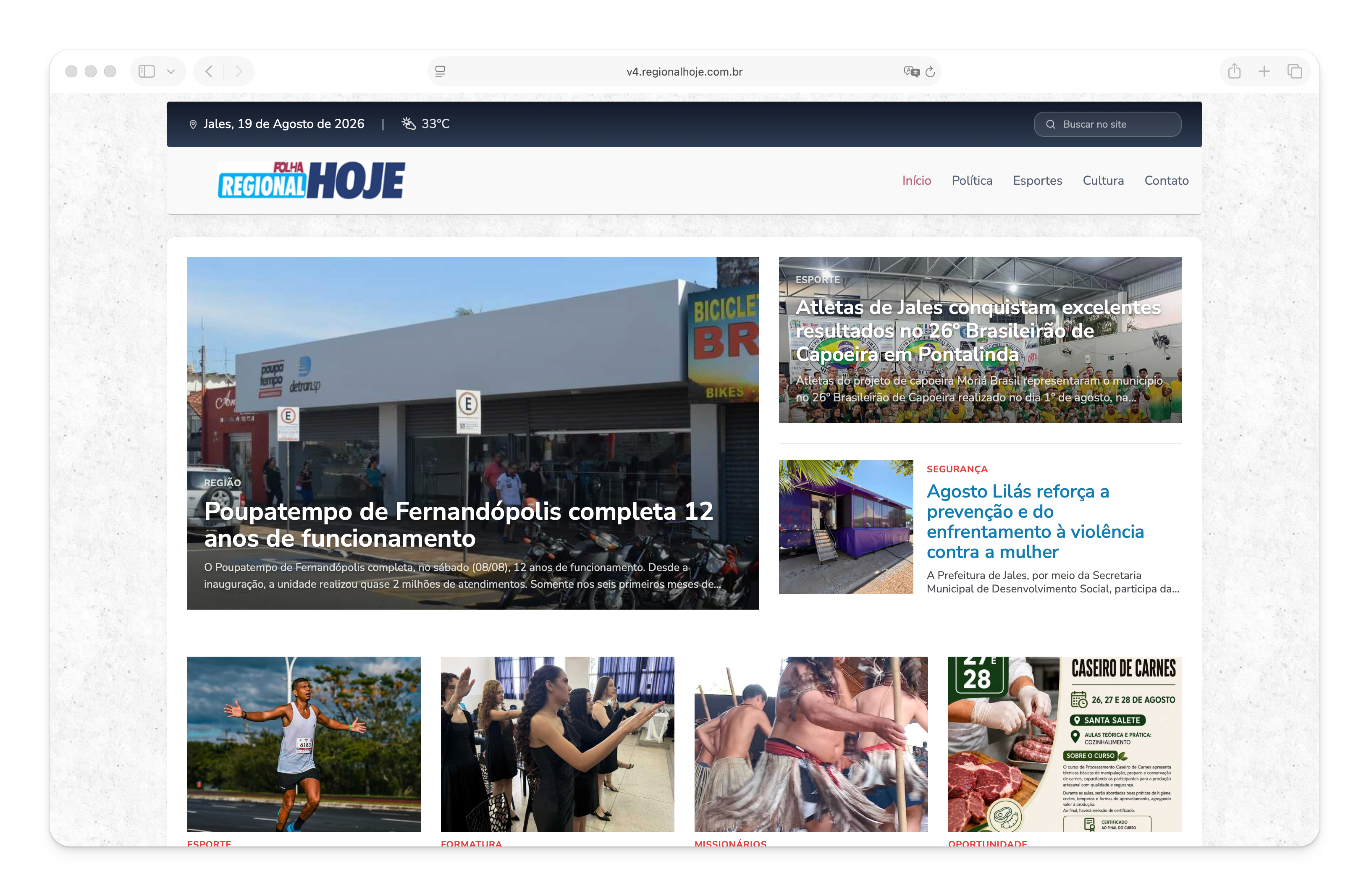 Homepage do site Folha Regional Hoje criado com o Newzzer